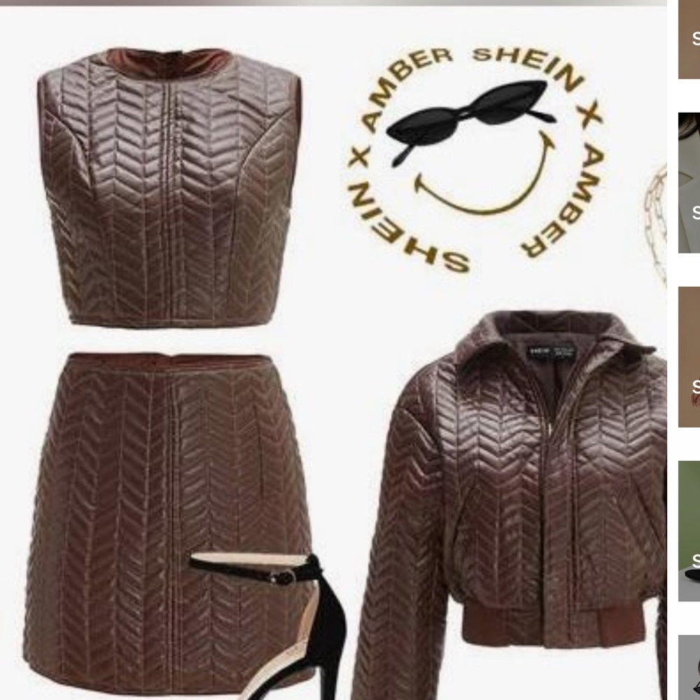3 Piece Set Amber X SHEIN Top-stitching Zip Back PU Leather Top Skirt Jacket